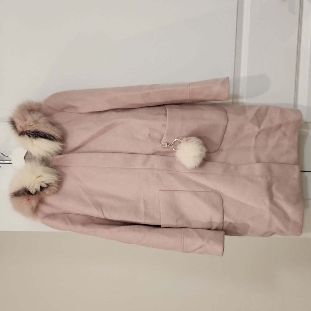NWT Real Fox Fur Trim and Pom Poms Women's Pink Fur-Trimmed Wool Coat